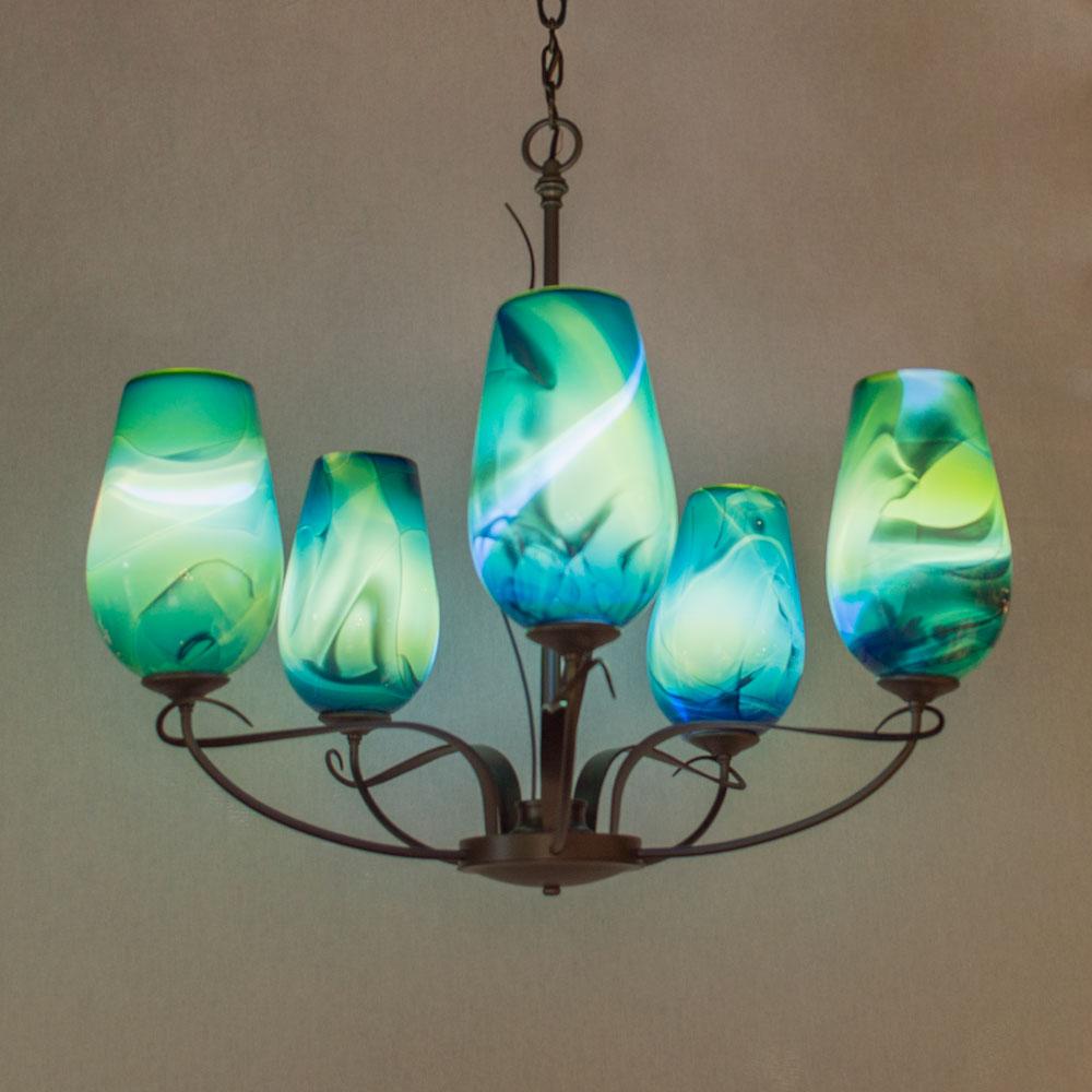 FLORA Chandelier 5 Arm Uplight with Blown Glass