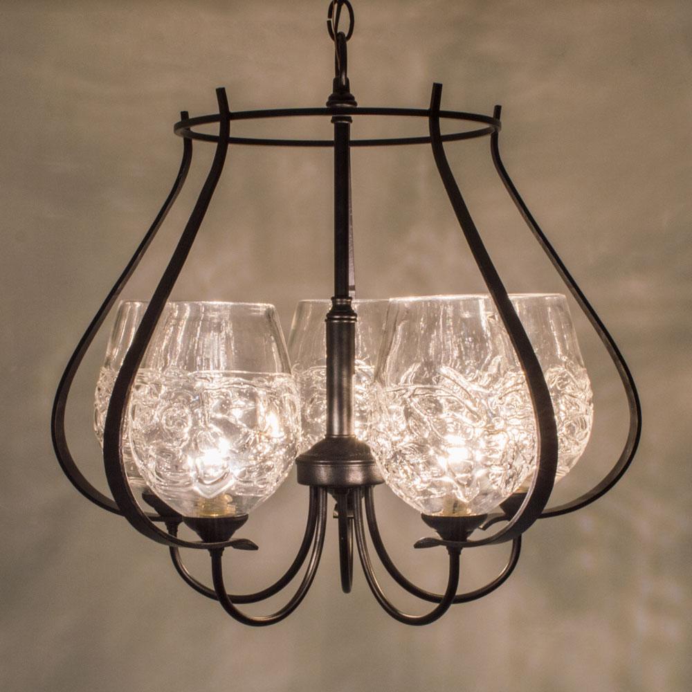 FLORA Chandelier 5 Arm Up with Basket and Blown Glass
