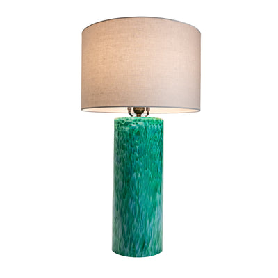 Wimberley Glassworks 3-way Lighted Glass Base Cylinder Table Lamp with Fabric Shade and Monet green on sapphire blue glass pattern turned off