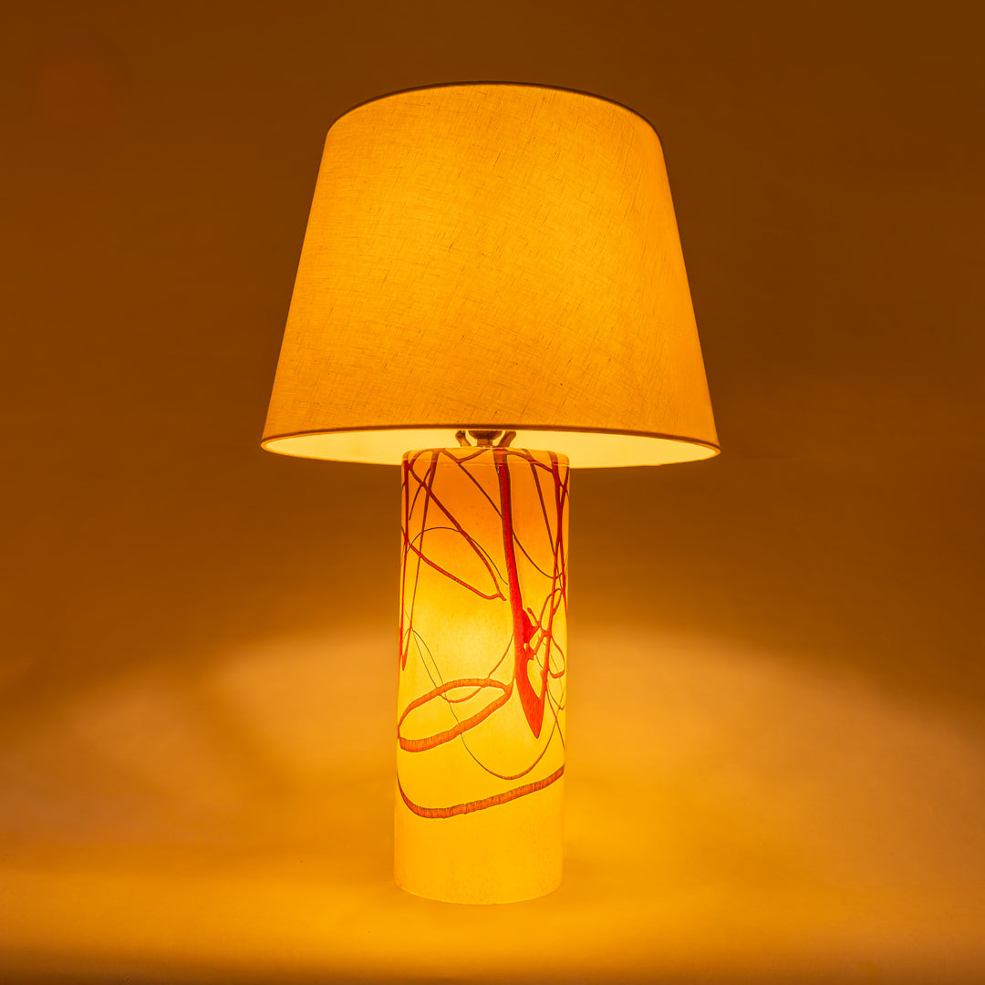 Wimberley Glassworks 3-way Lighted Glass Base Cylinder Table Lamp with Fabric Shade and Random Trail ochre yellow red trail glass ambient image