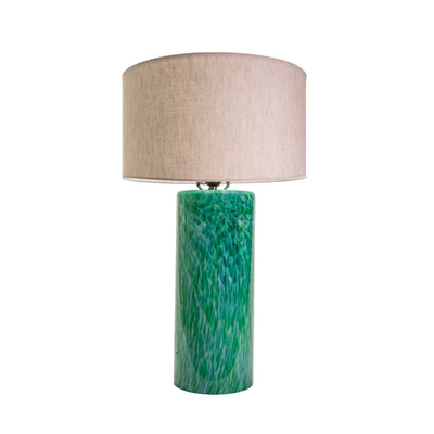 Wimberley Glassworks 3-way Lighted Glass Base Cylinder Table Lamp with Fabric Shade and Monet green on white glass pattern turned off