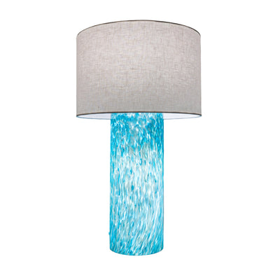 Wimberley Glassworks 3-way Lighted Glass Base Cylinder Table Lamp with Fabric Shade and Monet aqua blue on white glass