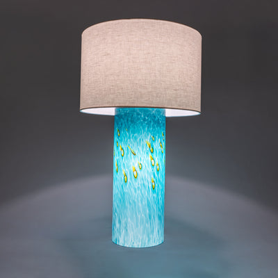 Wimberley Glassworks 3-way Lighted Glass Base Cylinder Table Lamp with Fabric Shade and Emerald Ocean teal blue and ochre yellow accent glass