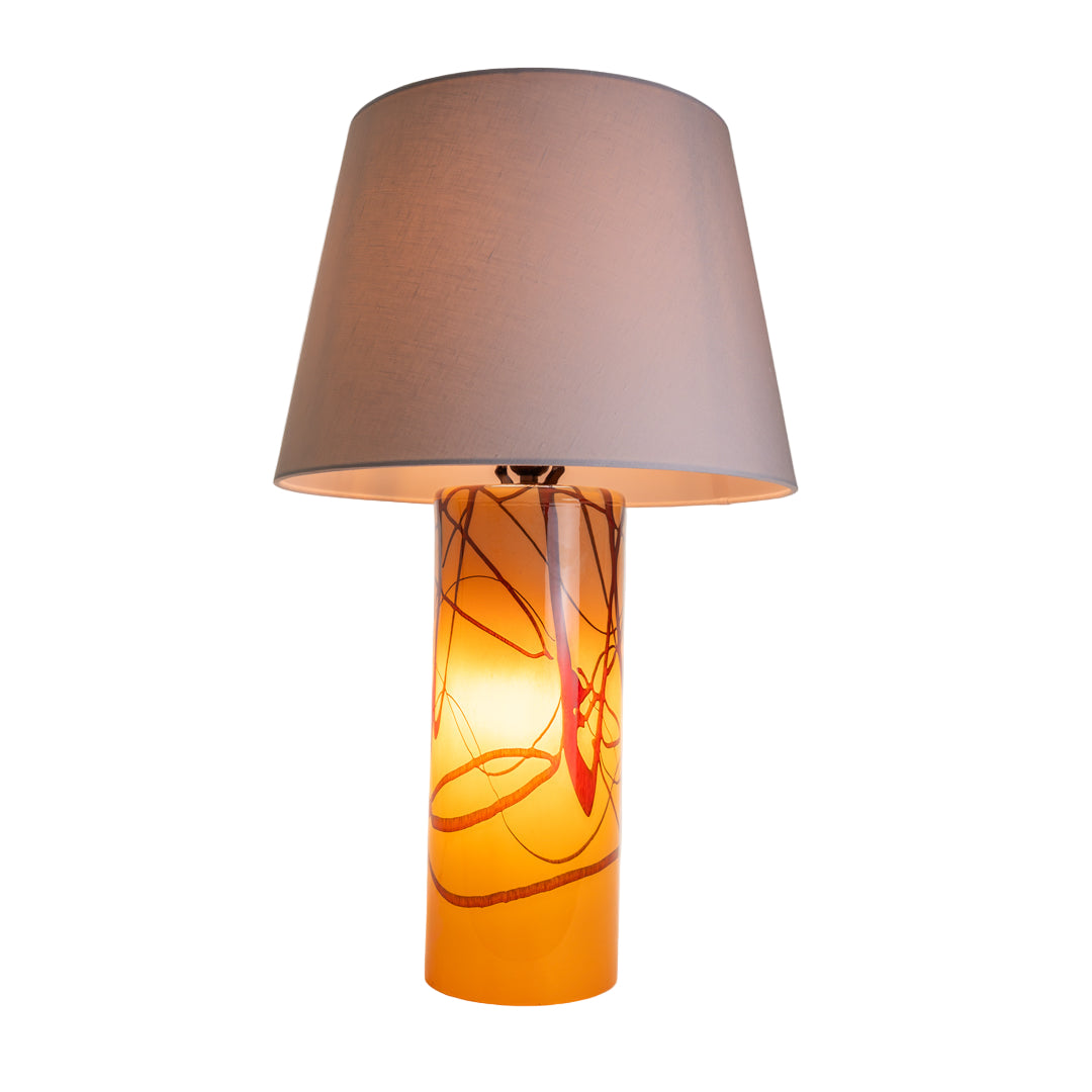 Wimberley Glassworks 3-way Lighted Glass Base Cylinder Table Lamp with Fabric Shade and Random Trail ochre yellow red trail glass