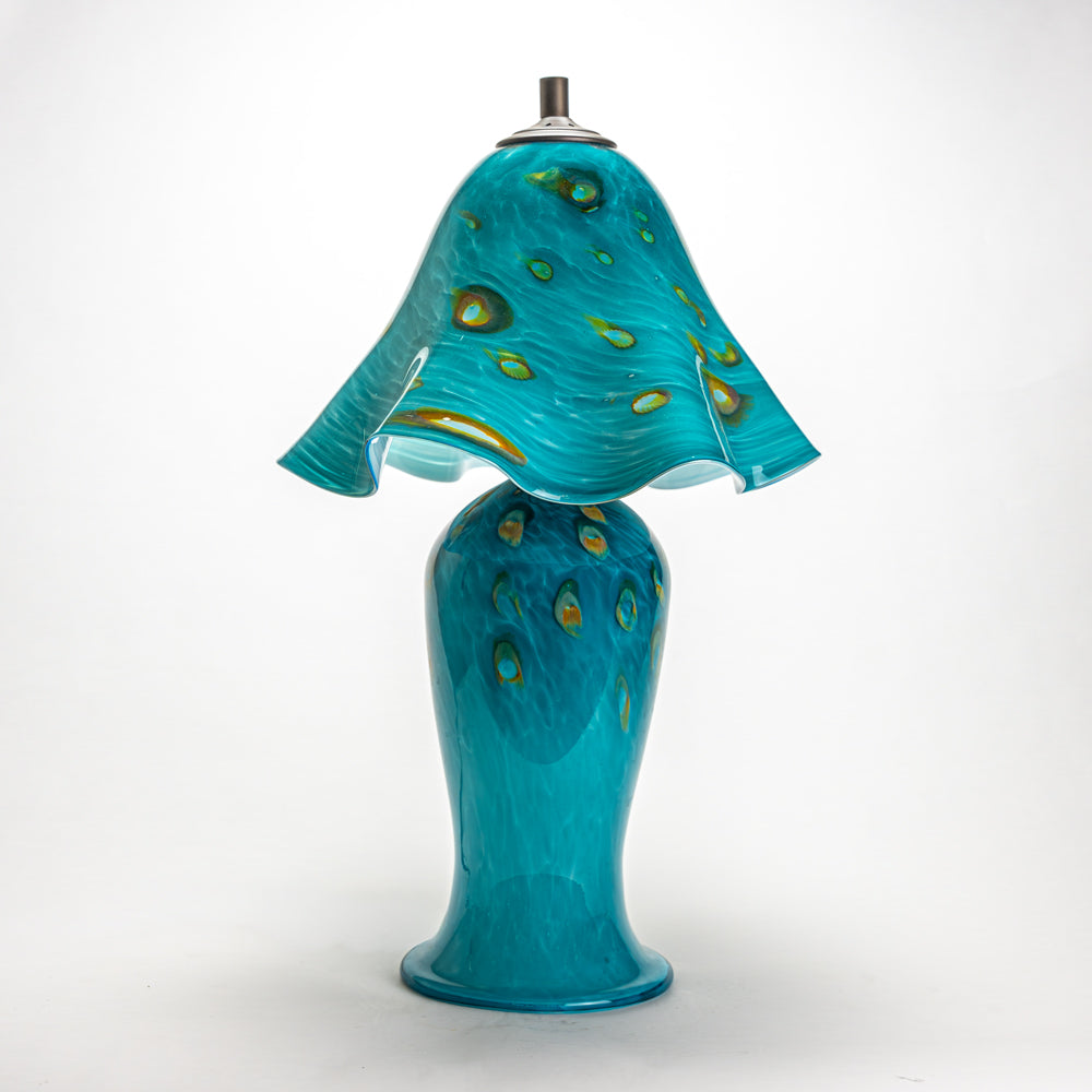 Wimberley Glassworks handblown All Glass Table Lamp with Lighted Base in Emerald Ocean teal green pattern