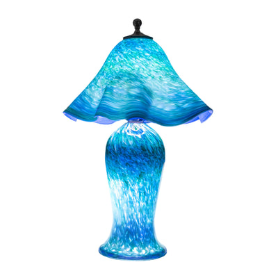 Wimberley Glassworks Handblown Blue glass table lamp with lighted base and  textured design 