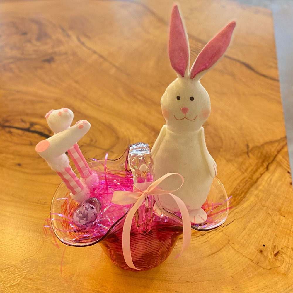 Glass Easter Basket with Bunny & Glass Eggs