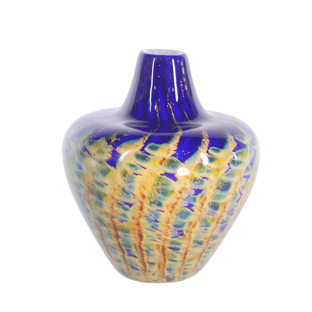 hand blown glass short vase blue yellow red