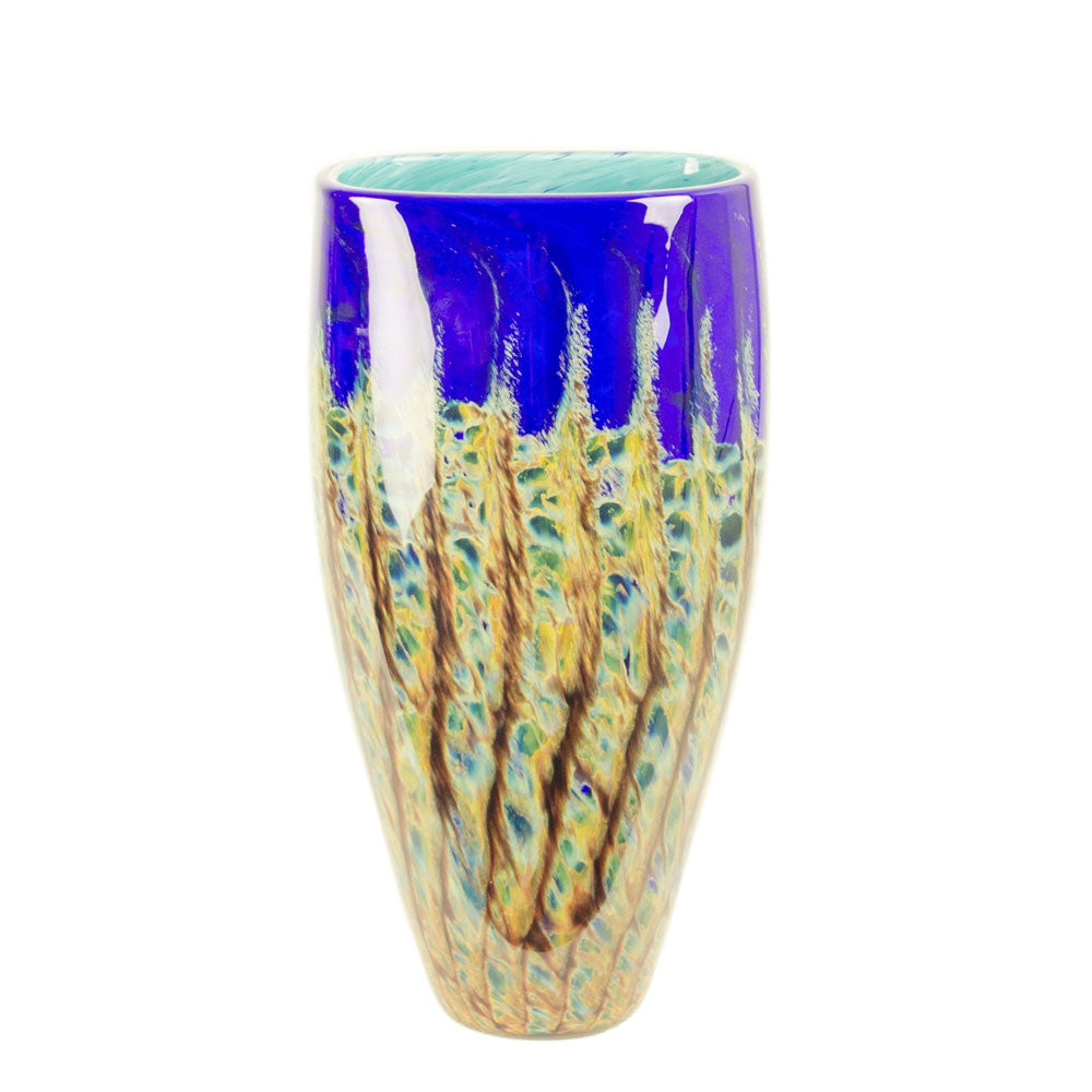 hand blown glass tall vase blue yellow red
