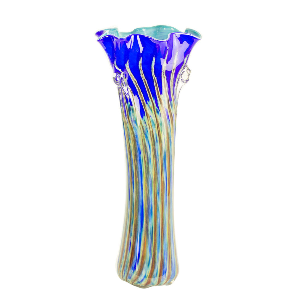 hand blown glass vase tall blue red yellow