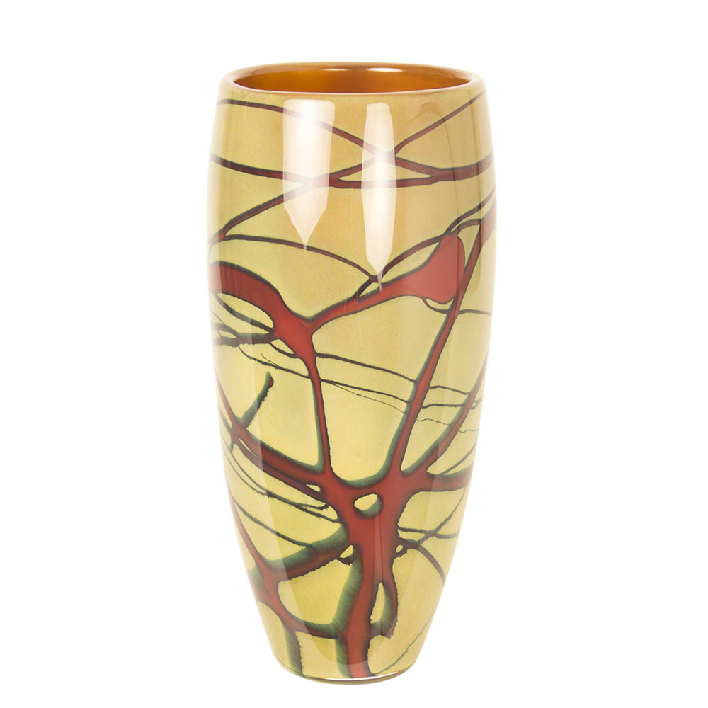 tall handmade unique art glass vase gold red