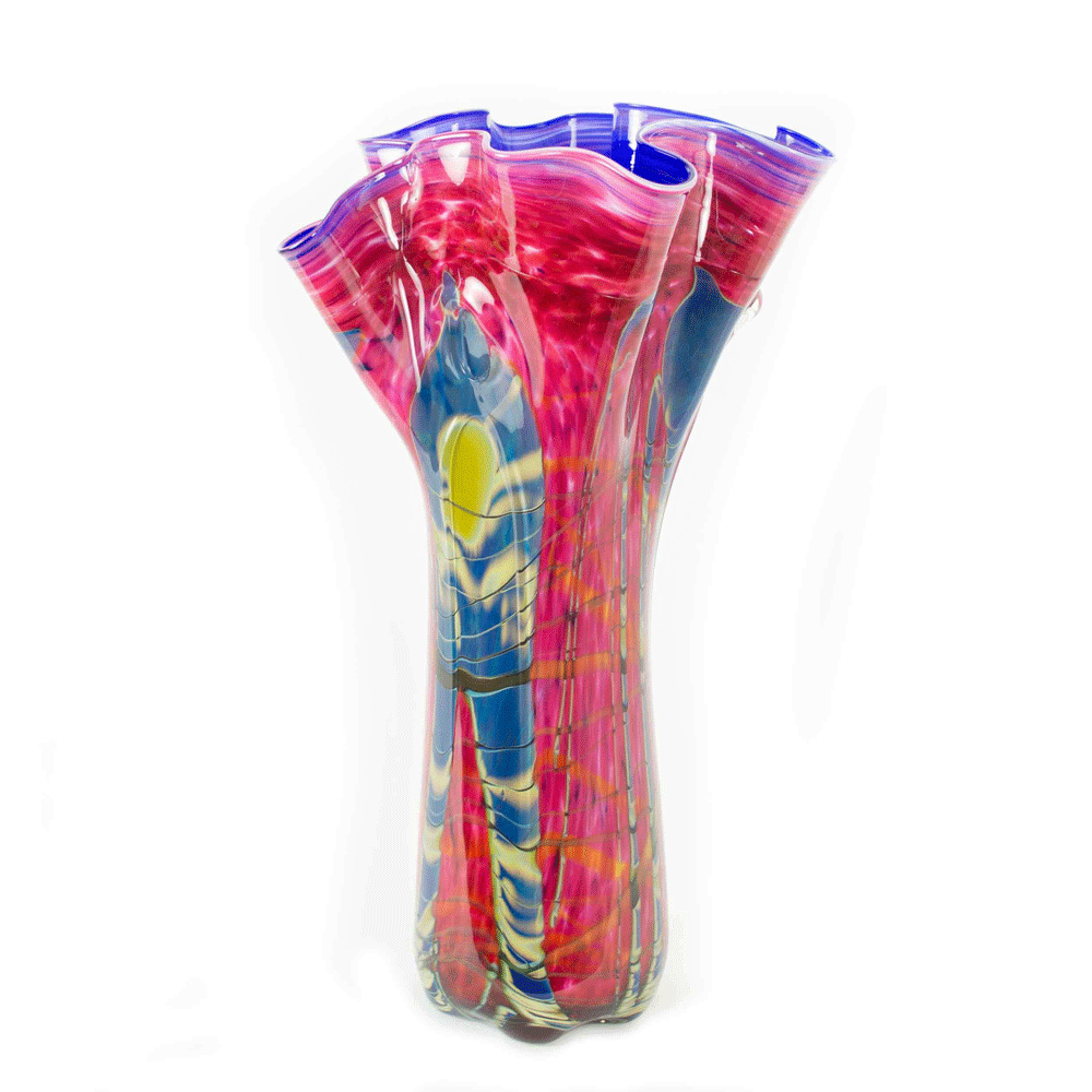 hand blown glass tall vase pink ruby and blue